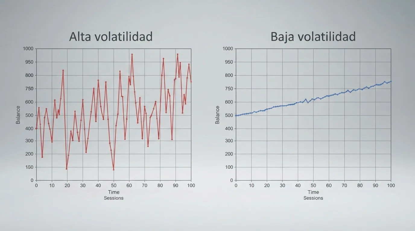 Dos paneles que muestran la evolución del saldo durante una sesión simulada de 100 tiradas: uno con volatilidad alta (caídas profundas y picos) y otro con volatilidad baja (descenso gradual)