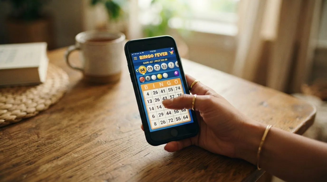 Teléfono móvil mostrando una sala de bingo en vertical con cartones adaptados al formato de pantalla táctil, pulgar del jugador sobre un cartón