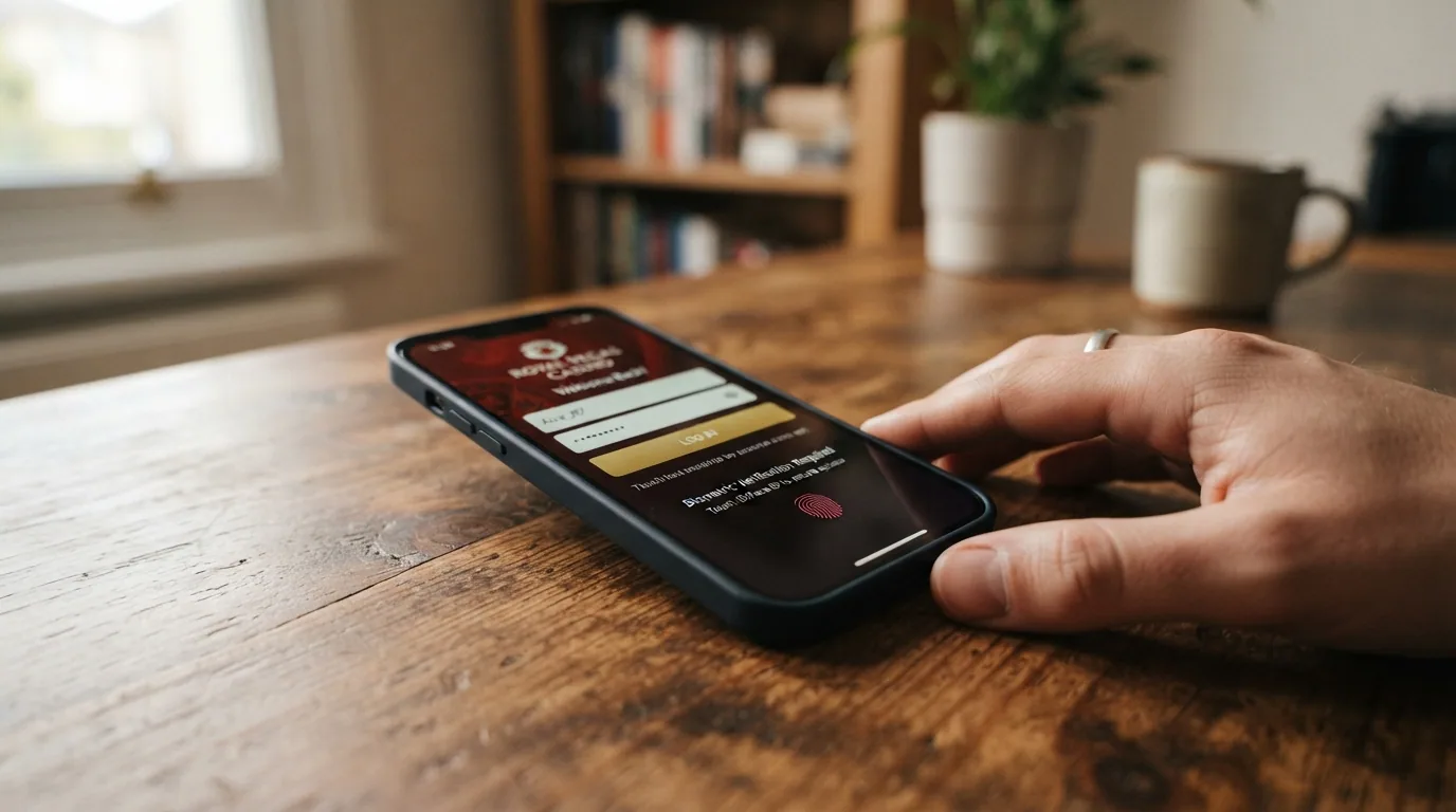 Teléfono móvil mostrando la pantalla de acceso con huella dactilar de una app de casino con licencia DGOJ