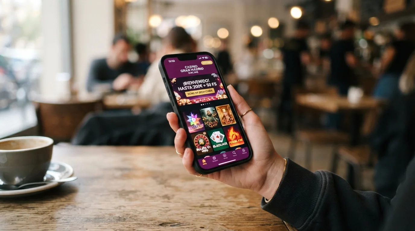 Teléfono móvil sostenido en la mano mostrando la aplicación de Casino Gran Madrid abierta en la pantalla de juegos destacados