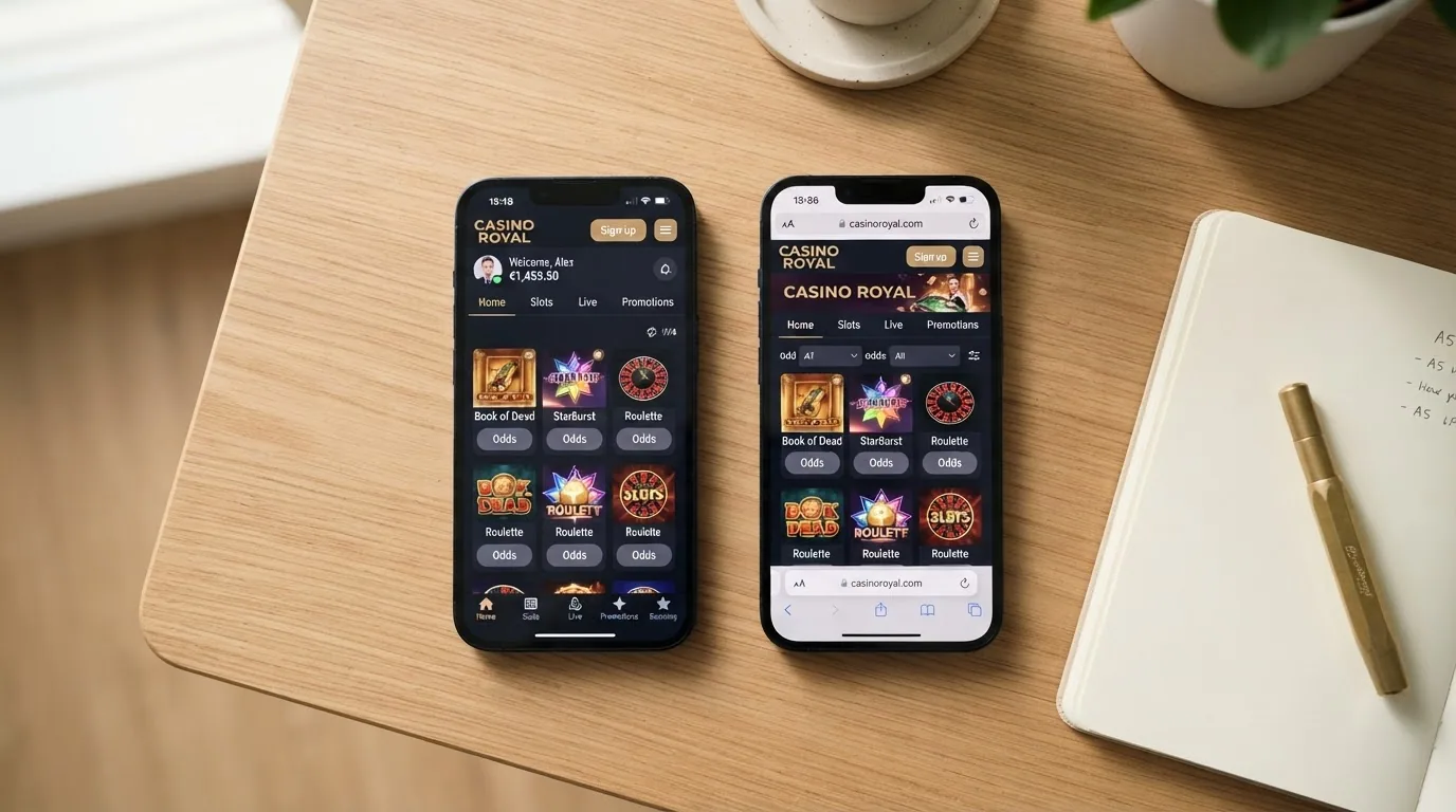 Dos teléfonos móviles uno al lado del otro: el izquierdo con la app nativa de un casino abierta, el derecho con el mismo casino cargado en el navegador