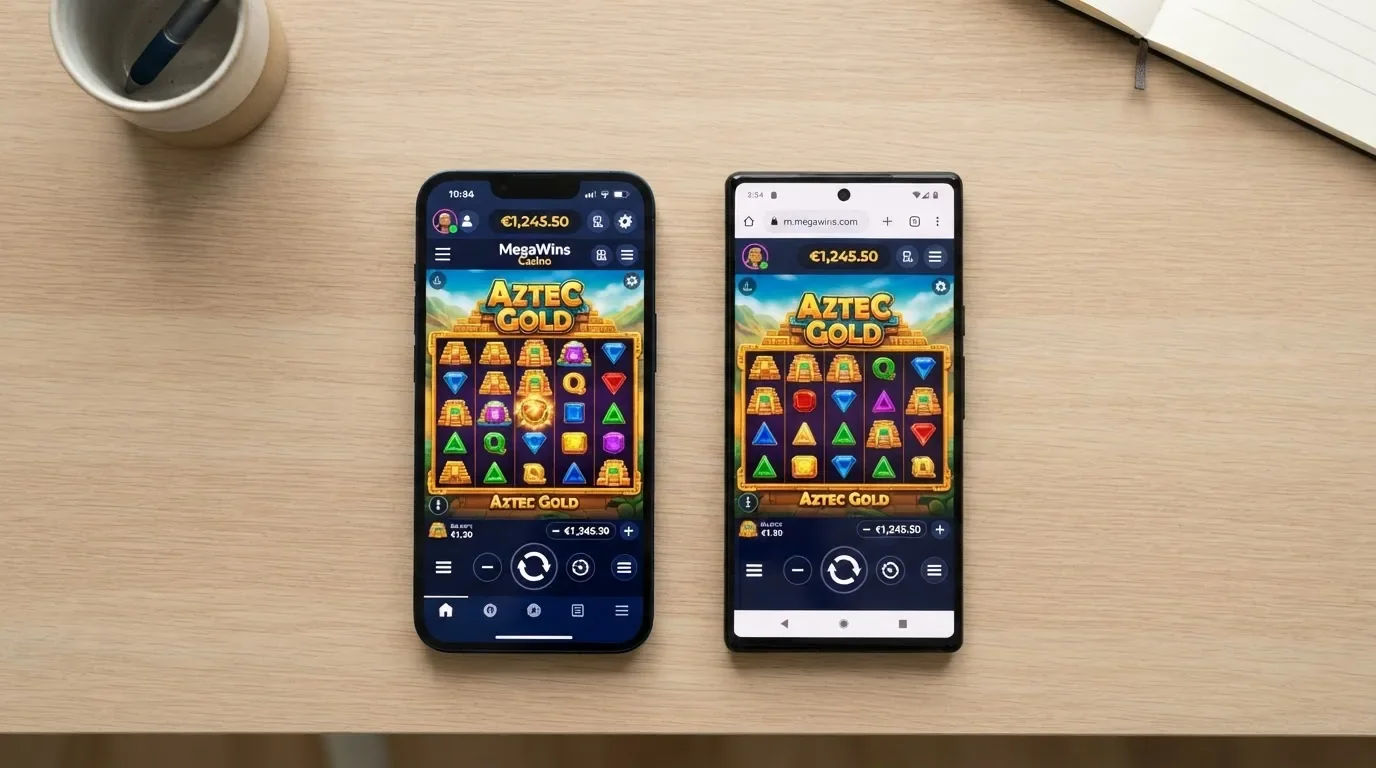 Dos pantallas de móvil comparando una app de casino nativa descargada frente a la misma web abierta en el navegador