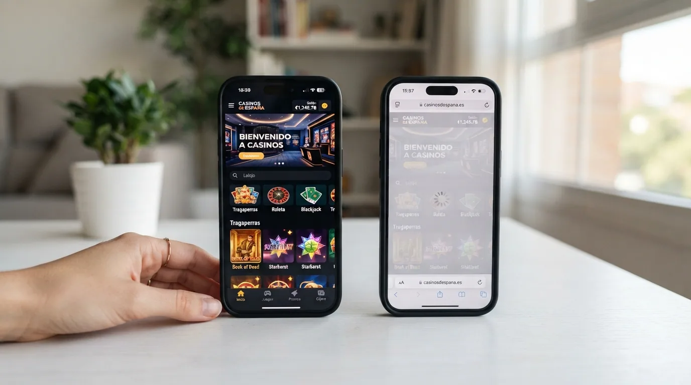 Dos iPhone uno al lado del otro: el izquierdo con la app nativa de un casino abierta, el derecho con el mismo casino cargado en Safari