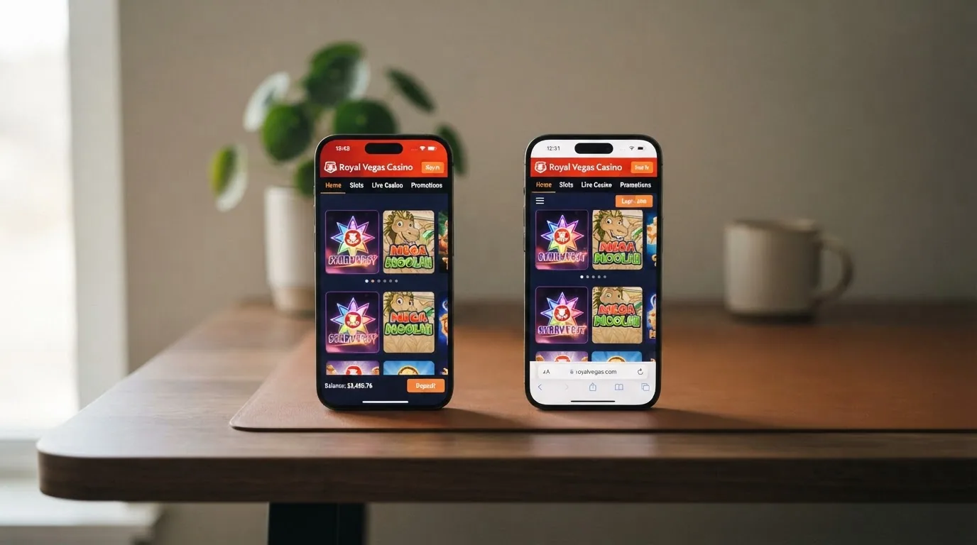 Comparación visual entre la app nativa de un casino y el mismo operador abierto en el navegador Chrome de un teléfono Android