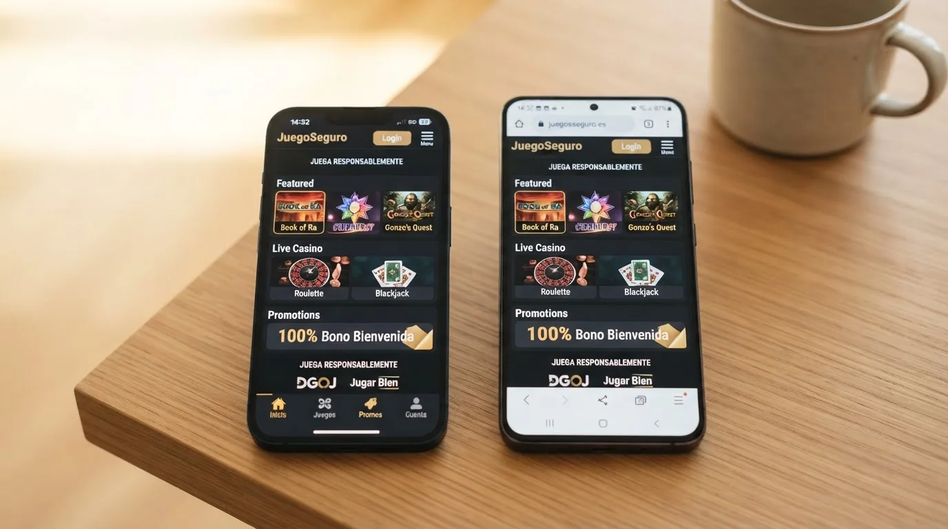 Dos teléfonos uno junto al otro: el izquierdo muestra una app de casino abierta, el derecho el mismo casino en el navegador móvil