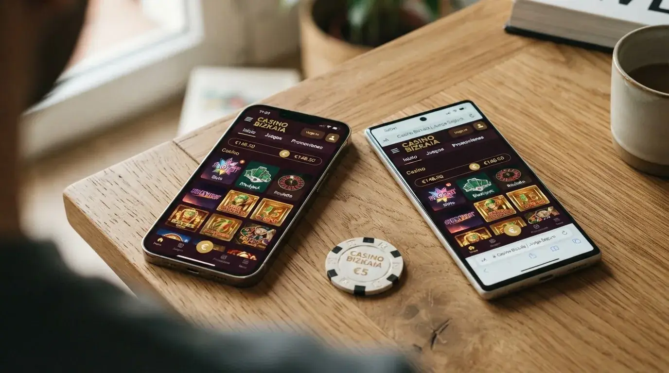Un teléfono mostrando la pantalla de inicio de una app de casino junto a otro con la versión web del mismo operador, lado a lado