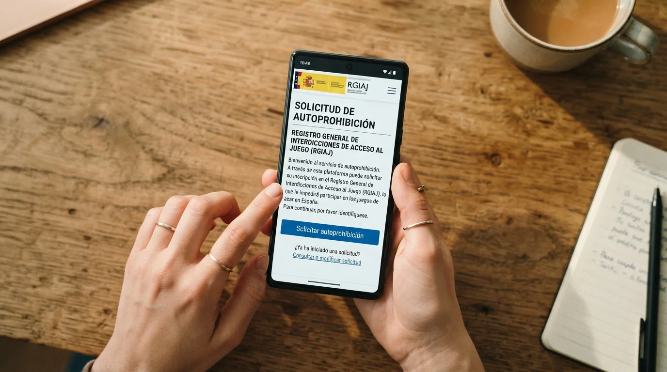 Pantalla informativa del RGIAJ con los pasos para solicitar la autoprohibición y los efectos de la inscripción