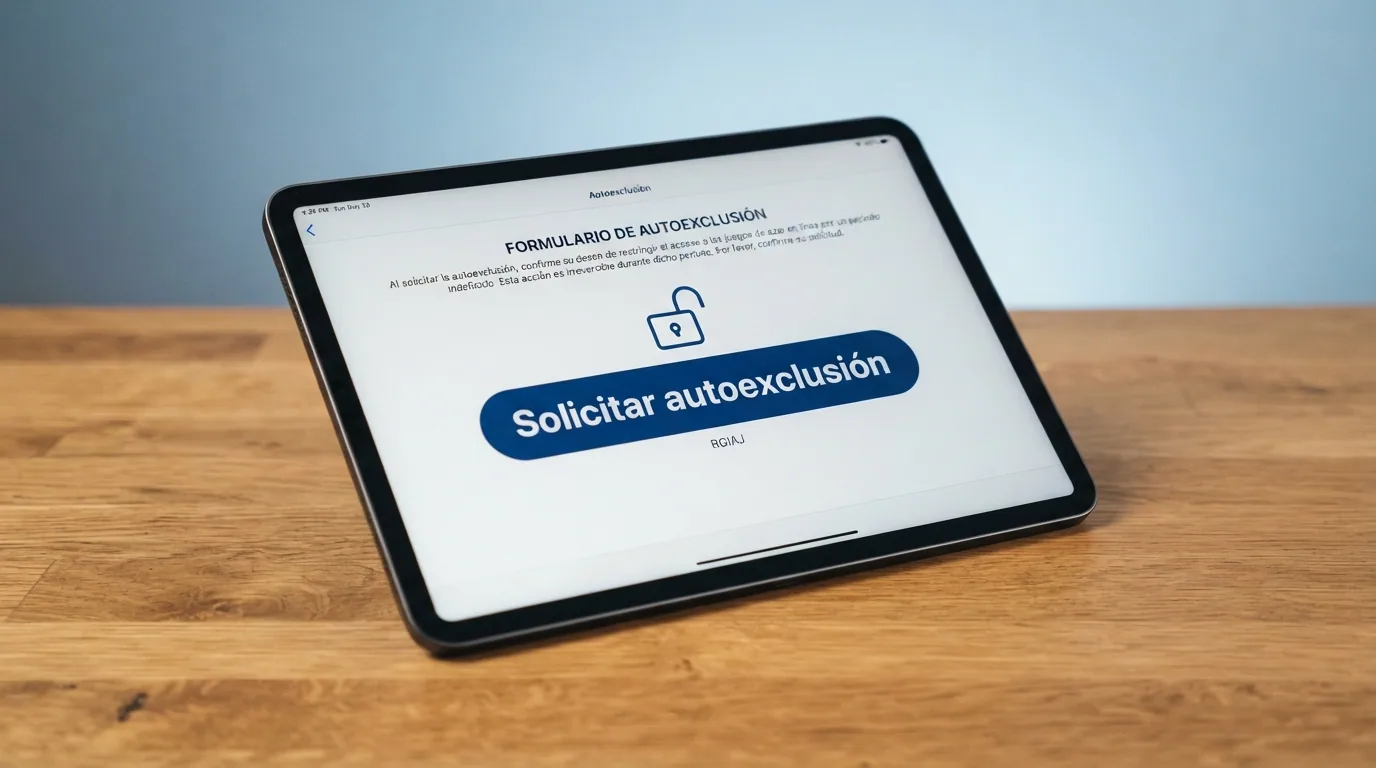 Formulario con un botón de «solicitar autoexclusión» y un candado abierto sobre el texto «RGIAJ», en tonos sobrios
