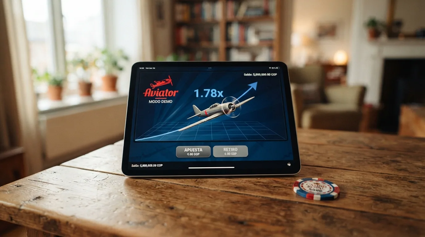 Pantalla del modo demo de Aviator con saldo ficticio y el avión a punto de despegar