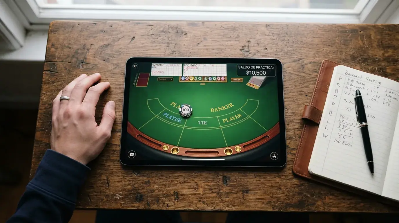 Interfaz de una mesa de Punto y Banca en modo demo con fichas virtuales y el indicador de «saldo de práctica» visible