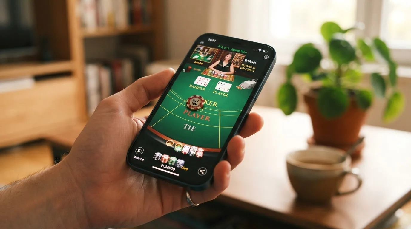 Mano sosteniendo un teléfono móvil con una mesa de baccarat abierta en la pantalla en orientación horizontal