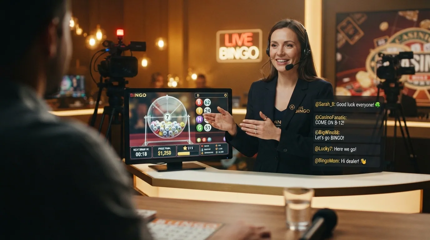 Un crupier real ante una pantalla que muestra un bombo de bingo, con el chat de la sala visible en un lateral