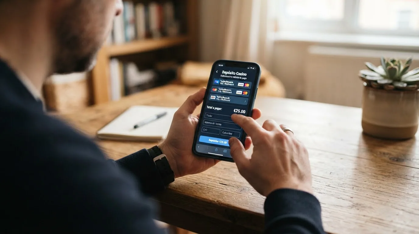 Teléfono móvil con la pantalla de depósito de un casino DGOJ mostrando Bizum, tarjeta y PayPal como métodos disponibles