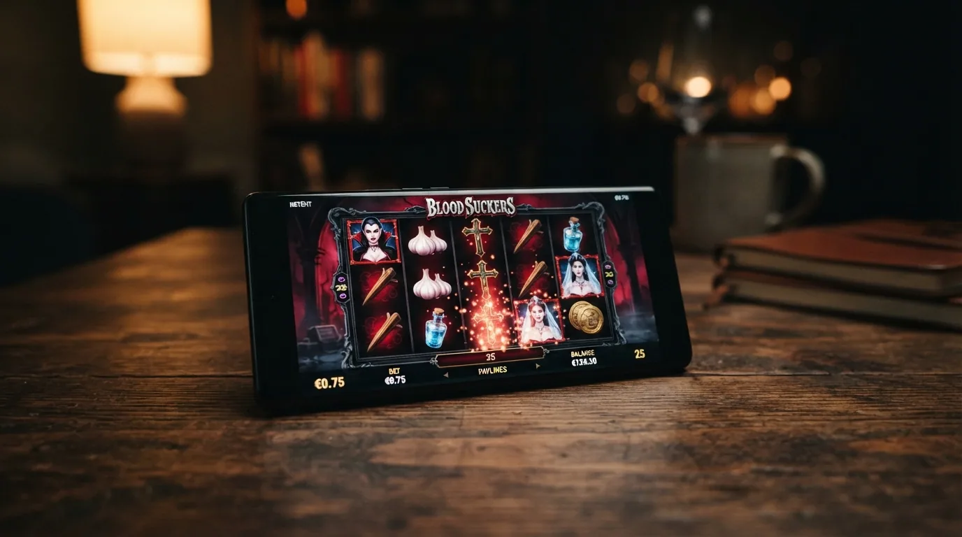 Pantalla del slot Blood Suckers con su temática de vampiros y los símbolos de ajo, crucifijo y estaca