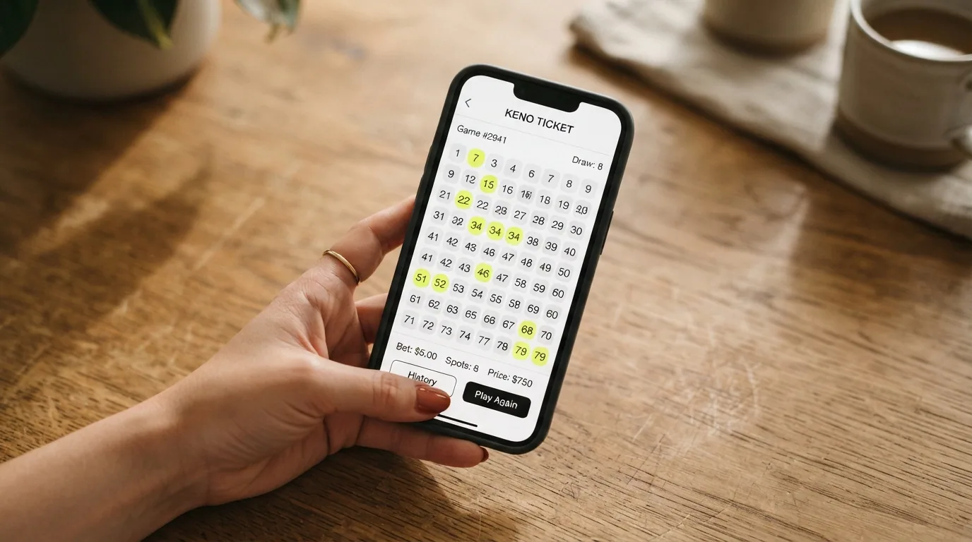 Boleto virtual de keno con 80 números y varias selecciones marcadas para una ronda de juego