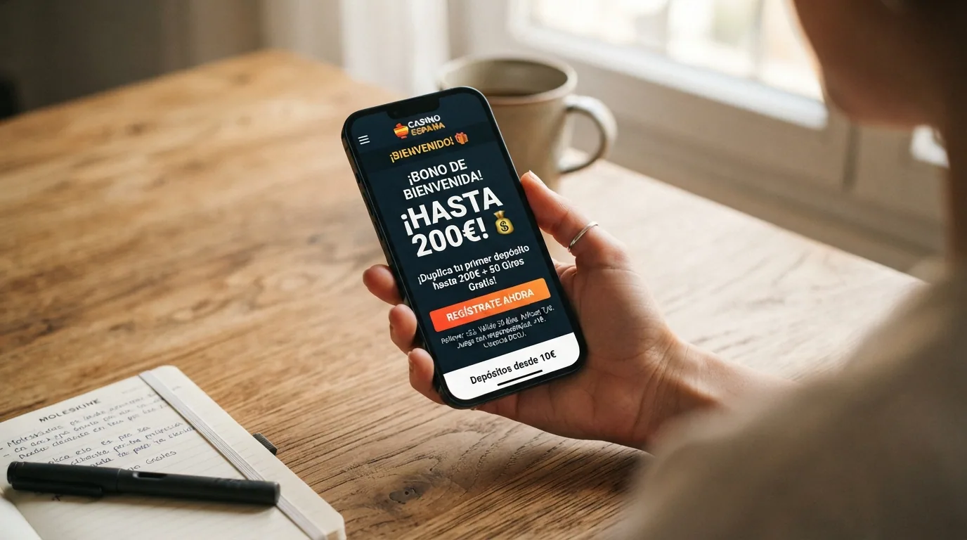 Pantalla de bienvenida de una app de casino con el importe del bono destacado y, en letra más pequeña, el plazo y el multiplicador de apuesta debajo