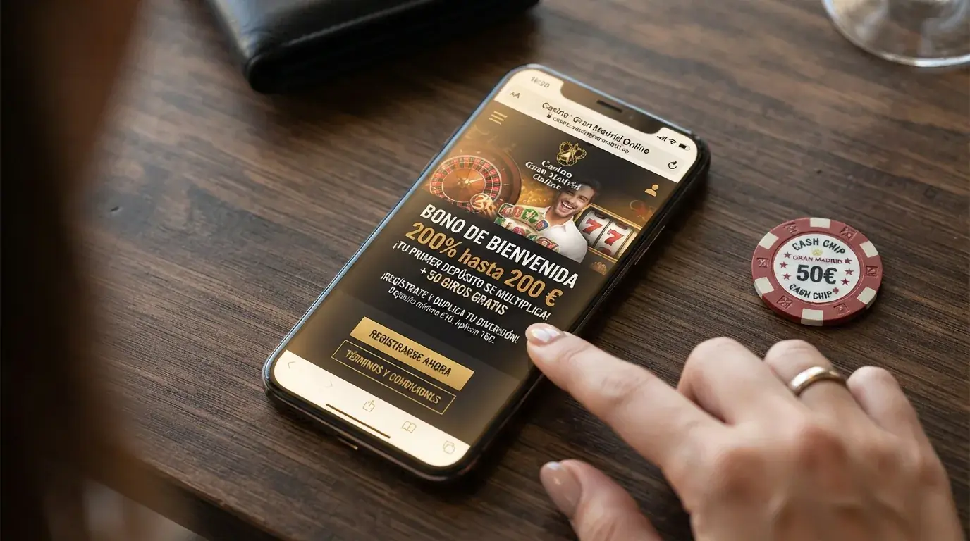 Recorte de la sección de promociones de Casino Gran Madrid Online donde se lee «200% hasta 200 €» junto a las condiciones destacadas del bono de bienvenida