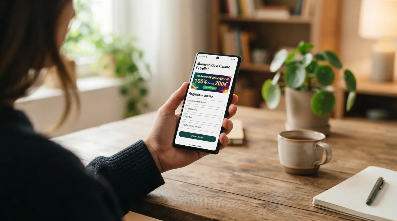 Pantalla de registro en un casino online español con la oferta de bono de bienvenida destacada