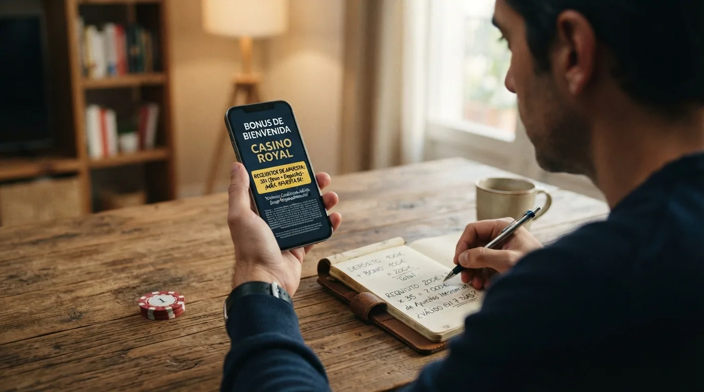 Pantalla de una promoción de bienvenida de un casino online con los términos del bono y la letra pequeña del rollover subrayados
