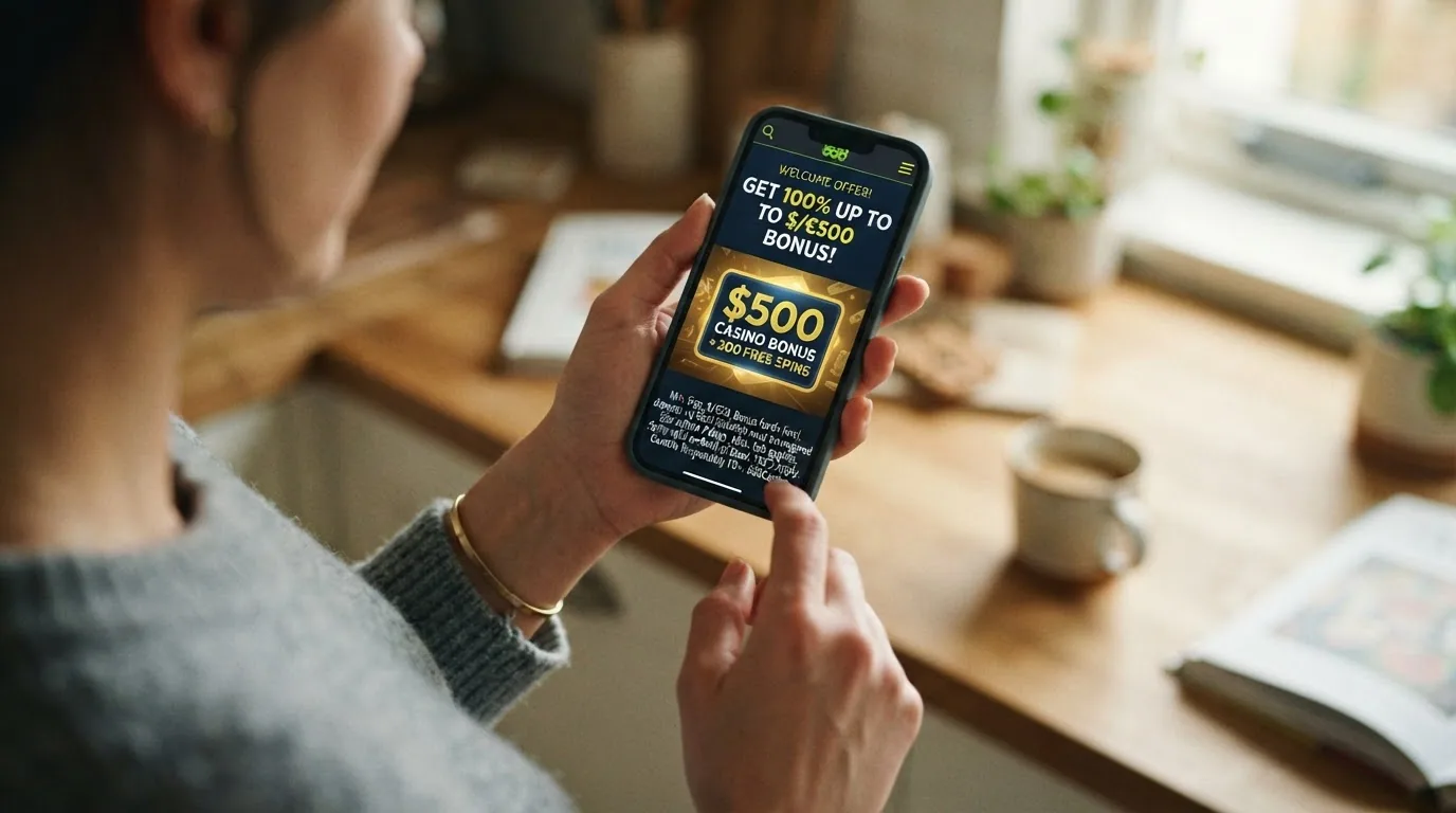 Un teléfono mostrando la pantalla de promoción de bienvenida de un casino con el importe del bono destacado y la letra pequeña del rollover apenas visible debajo