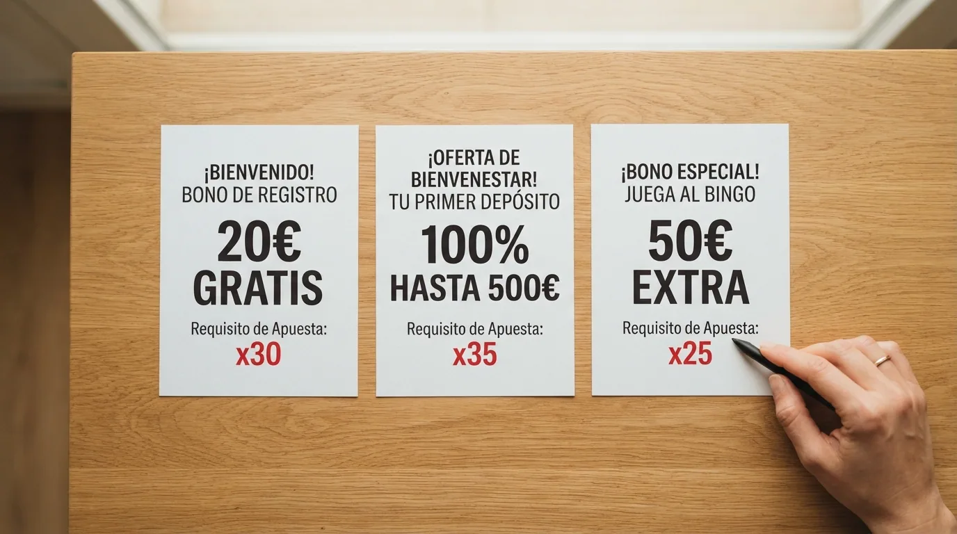 Comparativa visual de tres ofertas de bienvenida de operadores de bingo con los requisitos de apuesta destacados en rojo junto a cada bono