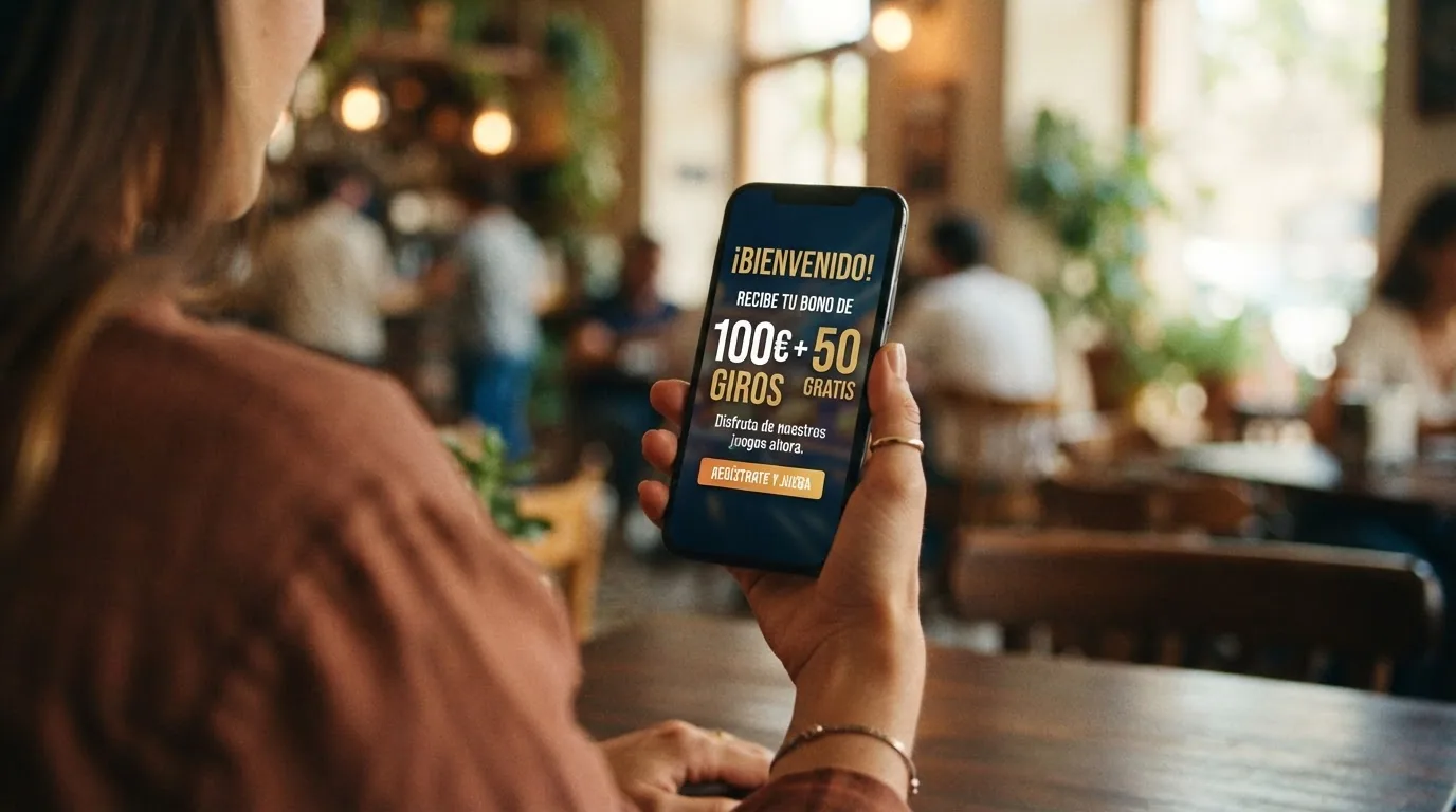 Banner promocional de bono de bienvenida en un casino online español con los términos en letra pequeña