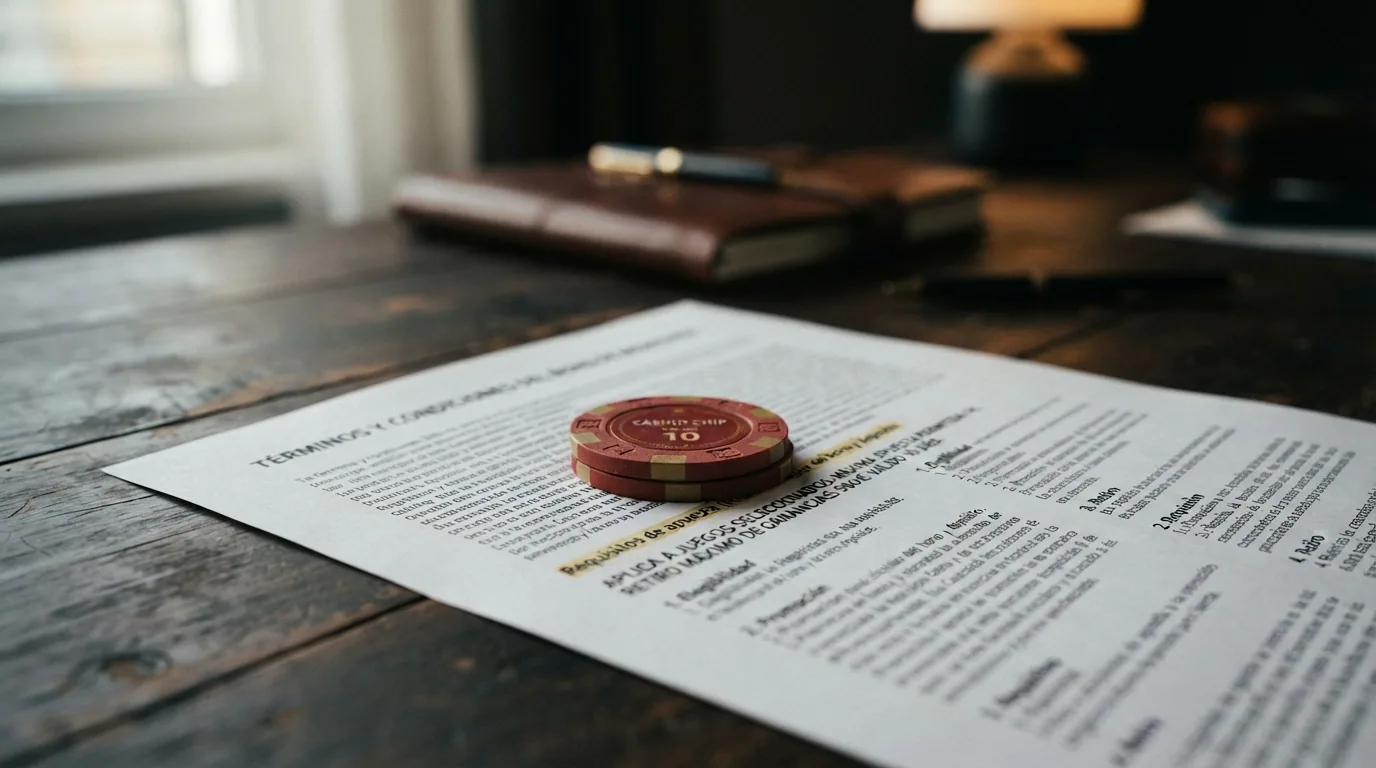 Primer plano de una ficha de casino apoyada sobre un documento con términos y condiciones en letra pequeña