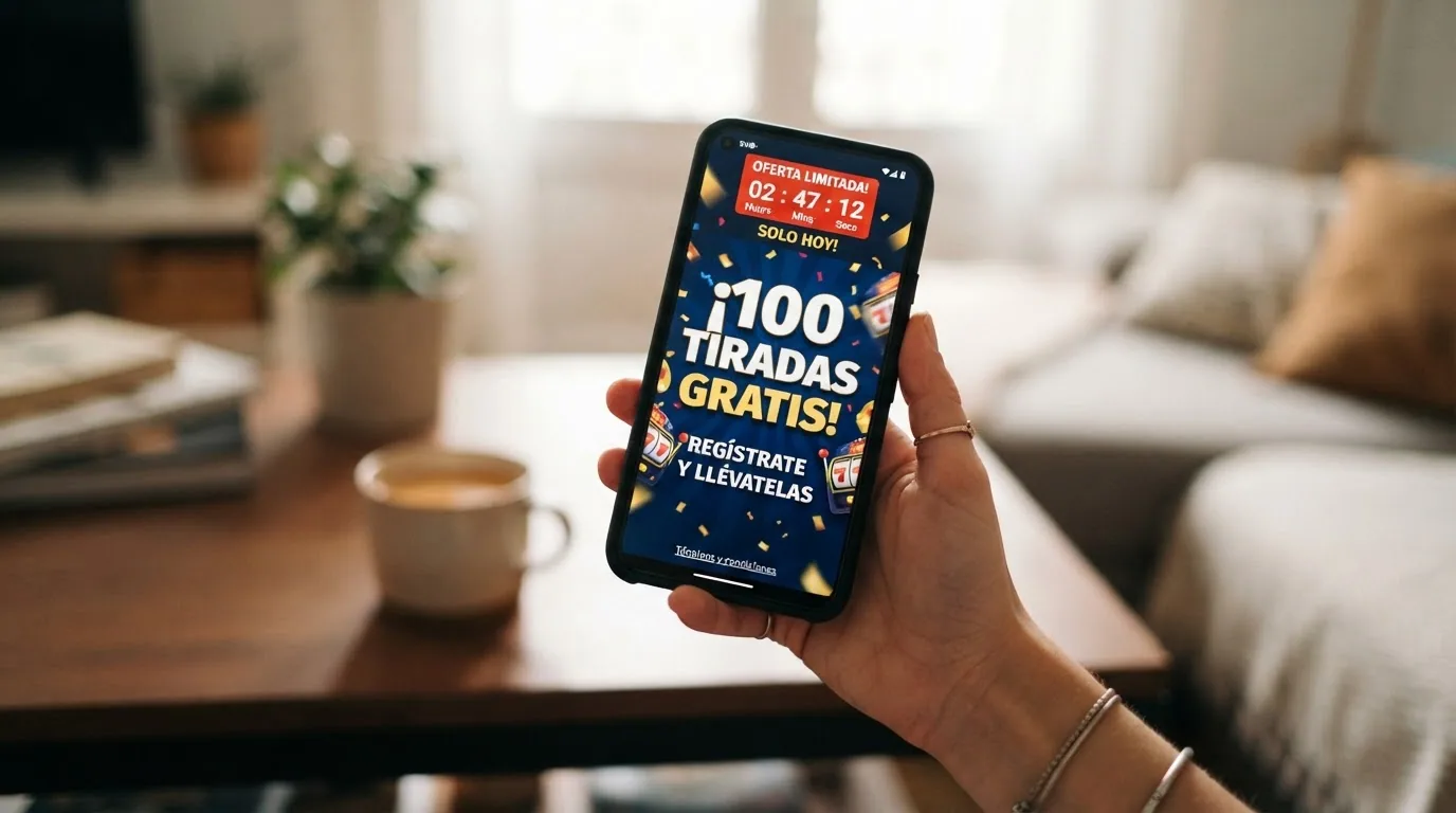 Primer plano de una mano sosteniendo un móvil donde se lee «100 tiradas gratis» junto a un cronómetro que marca el plazo de vigencia en la esquina