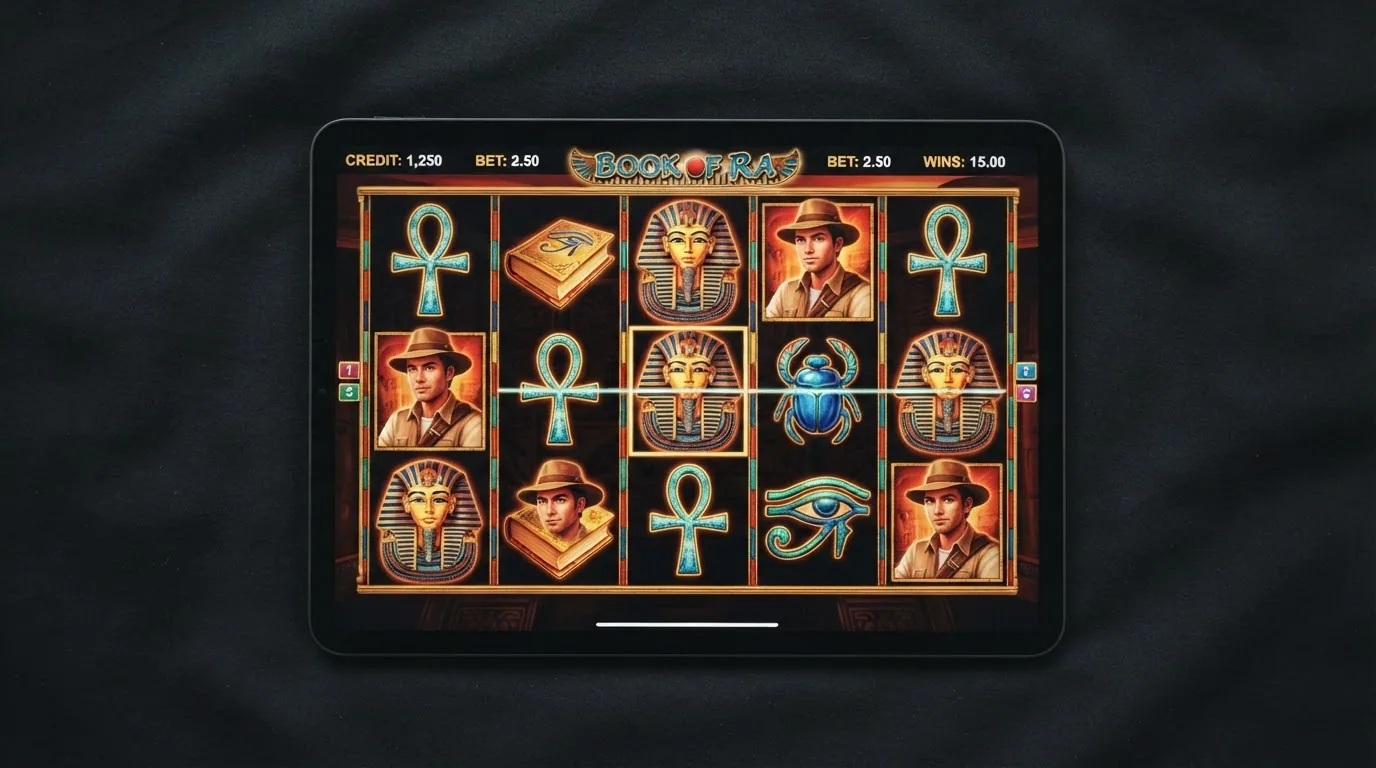 Primer plano de los cinco rodillos de Book of Dead mostrando los símbolos del antiguo Egipto, el libro dorado y a Rich Wilde