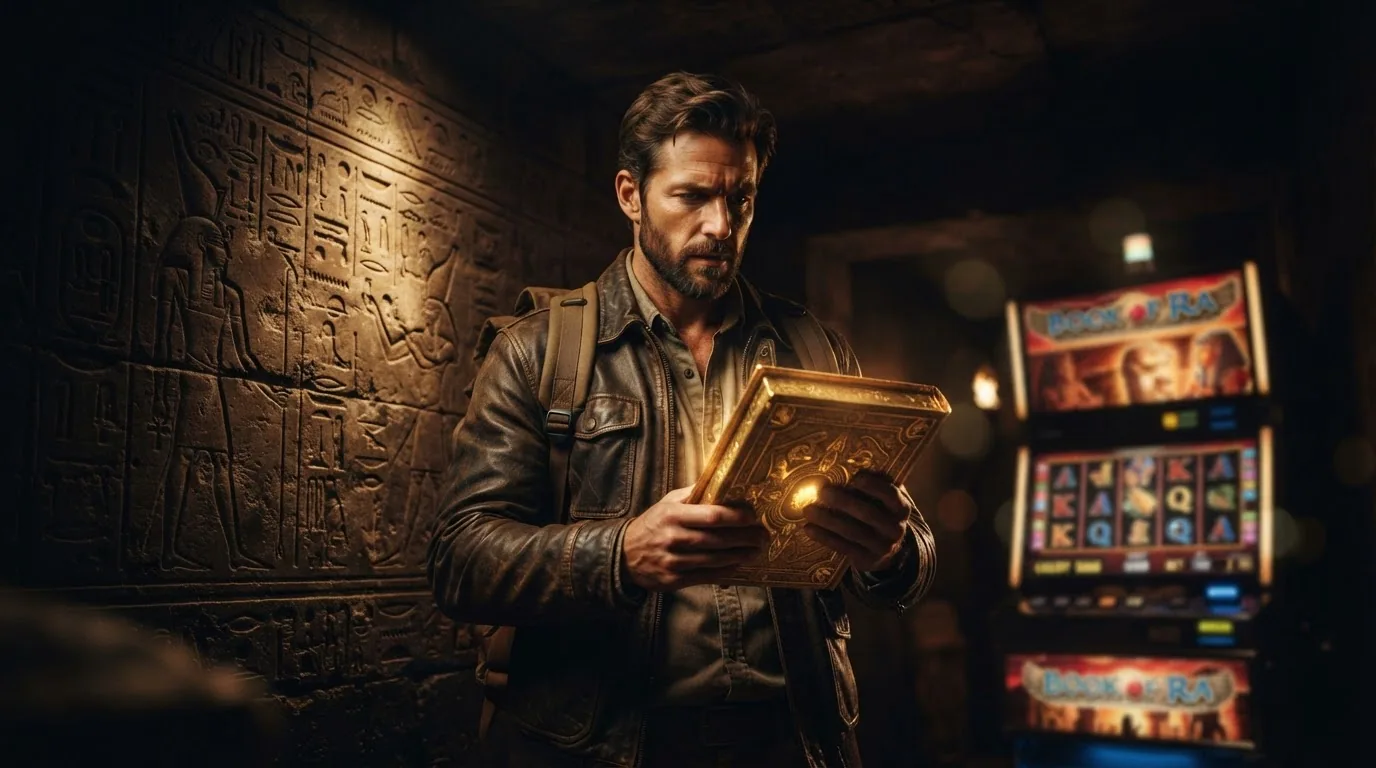 Rich Wilde, el protagonista de Book of Dead, sosteniendo el libro dorado sobre un fondo que evoca el antiguo Egipto con los rodillos de la tragaperras en segundo plano
