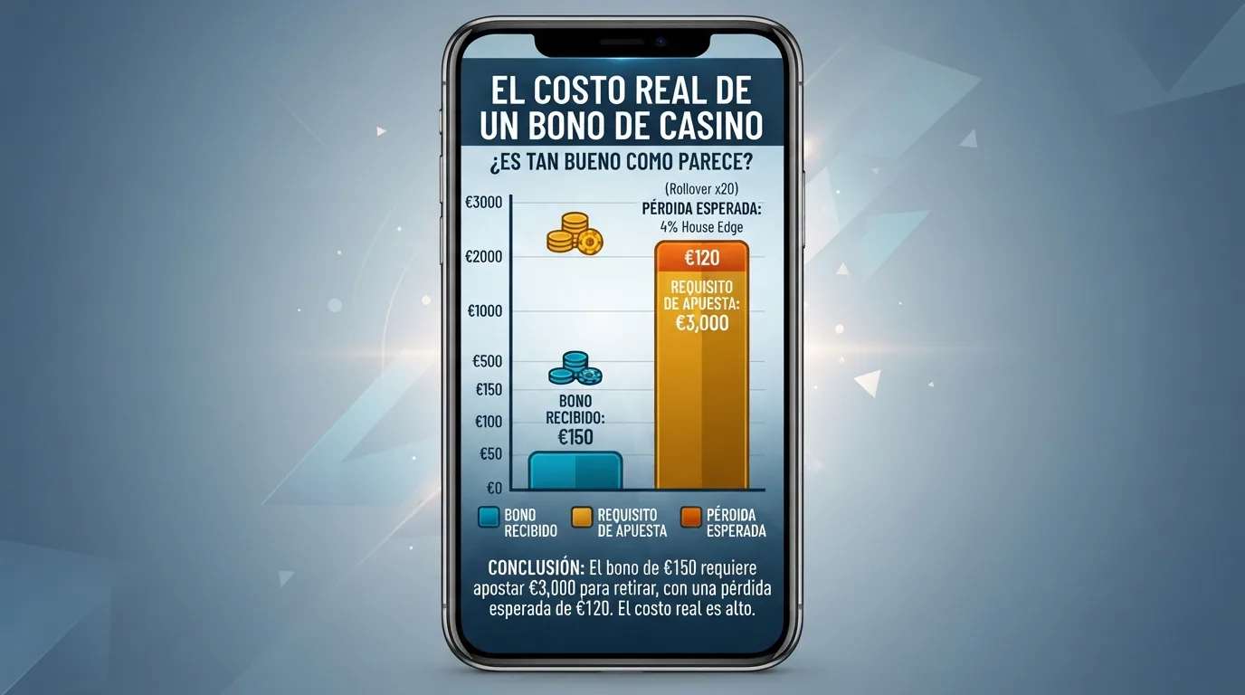 Representación visual de un bono del 100 % hasta 150 € desglosado en su valor nominal frente al coste real tras aplicar el rollover