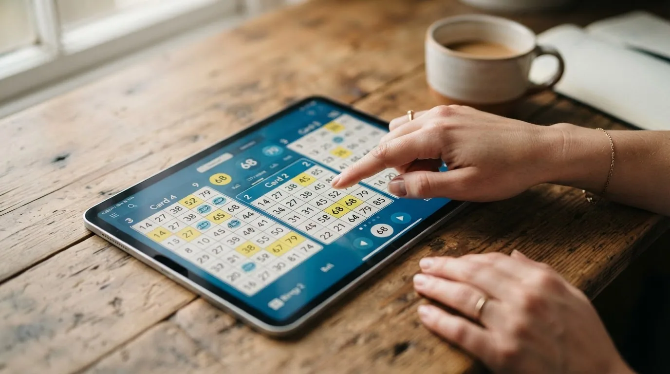 Una mano señalando varios cartones de 90 bolas en la interfaz de un casino online, con los números marcados automáticamente
