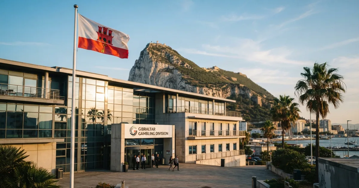Fachada del edificio de la Gibraltar Gambling Division en Gibraltar, con la bandera de Gibraltar ondeando