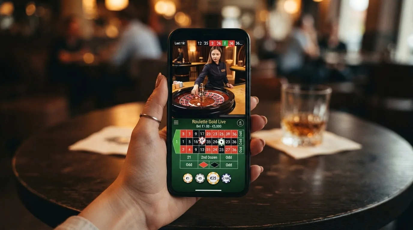 Un teléfono en vertical mostrando una mesa de ruleta en vivo con crupier real y la interfaz táctil de fichas superpuesta