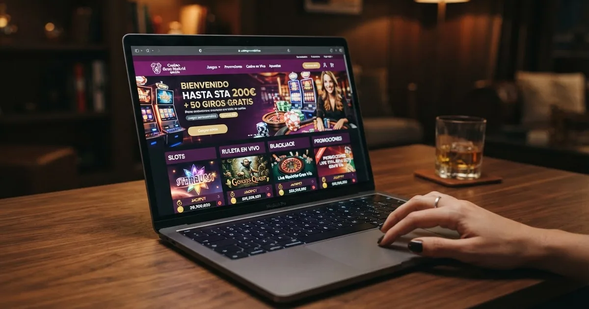 Pantalla de inicio del sitio web Casino Gran Madrid Online en un portátil, con el logotipo del operador y los accesos a juegos y promociones visibles en la navegación principal