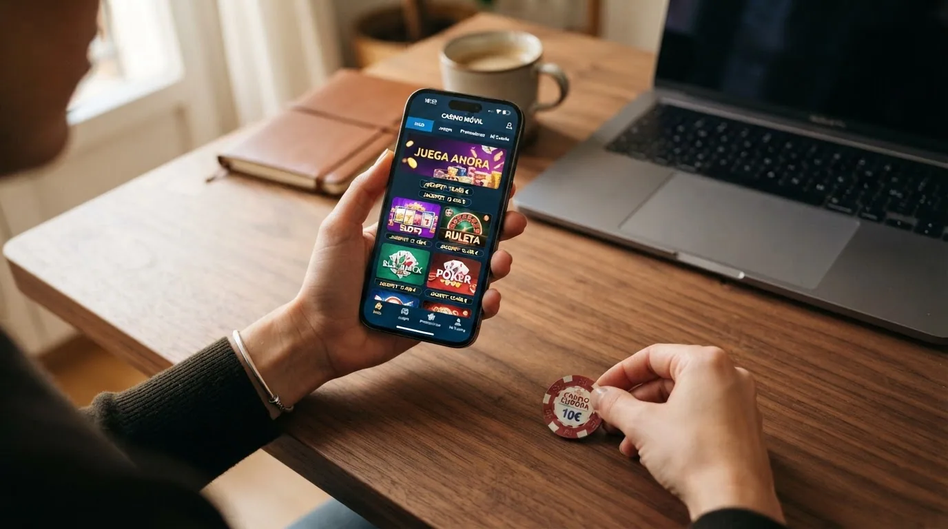 Teléfono móvil mostrando el lobby de un casino online en formato web adaptado a pantalla vertical junto al icono de una app