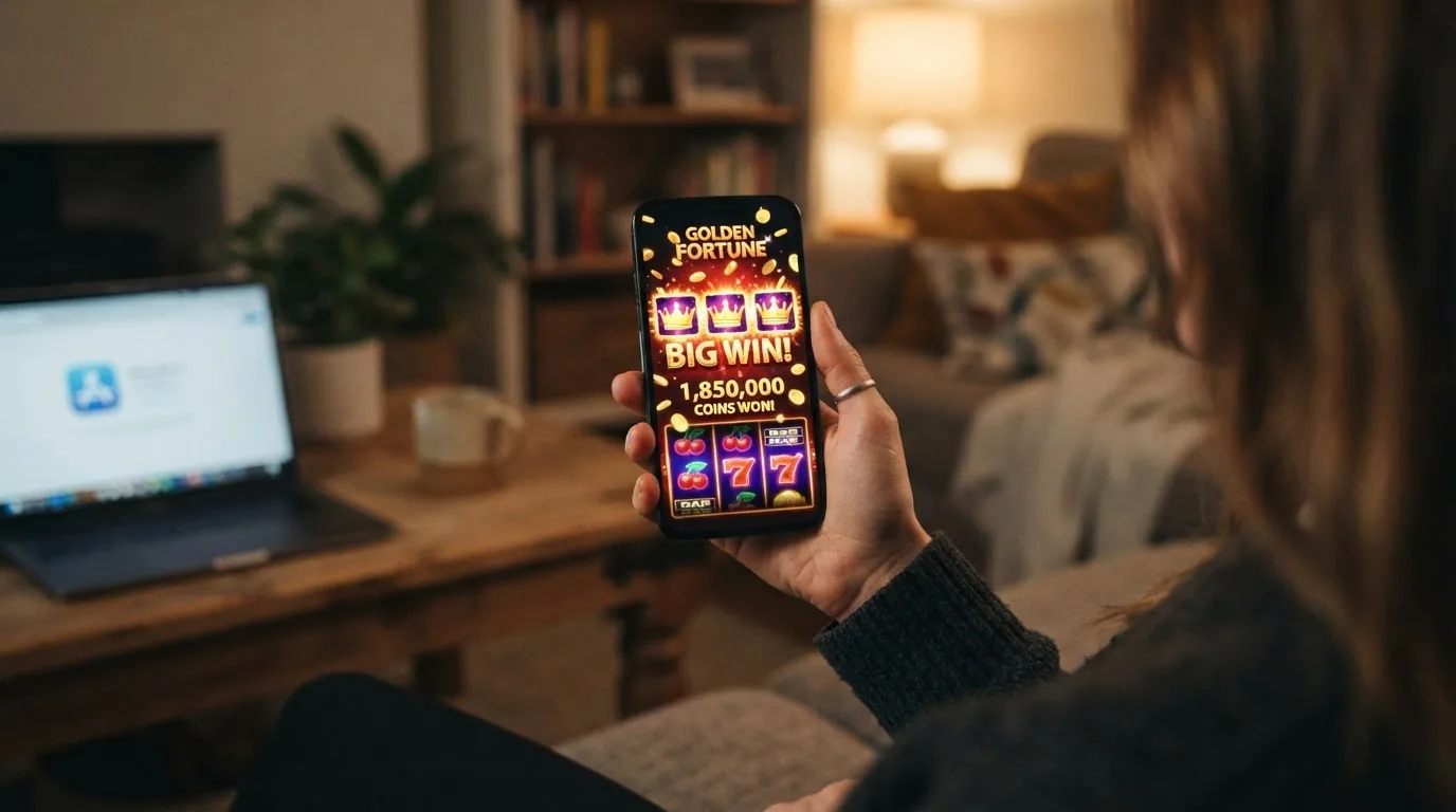 Una mano sosteniendo un teléfono que muestra una slot de alto RTP en pantalla, con el logo de Google Play y el sello DGOJ visibles en la parte inferior