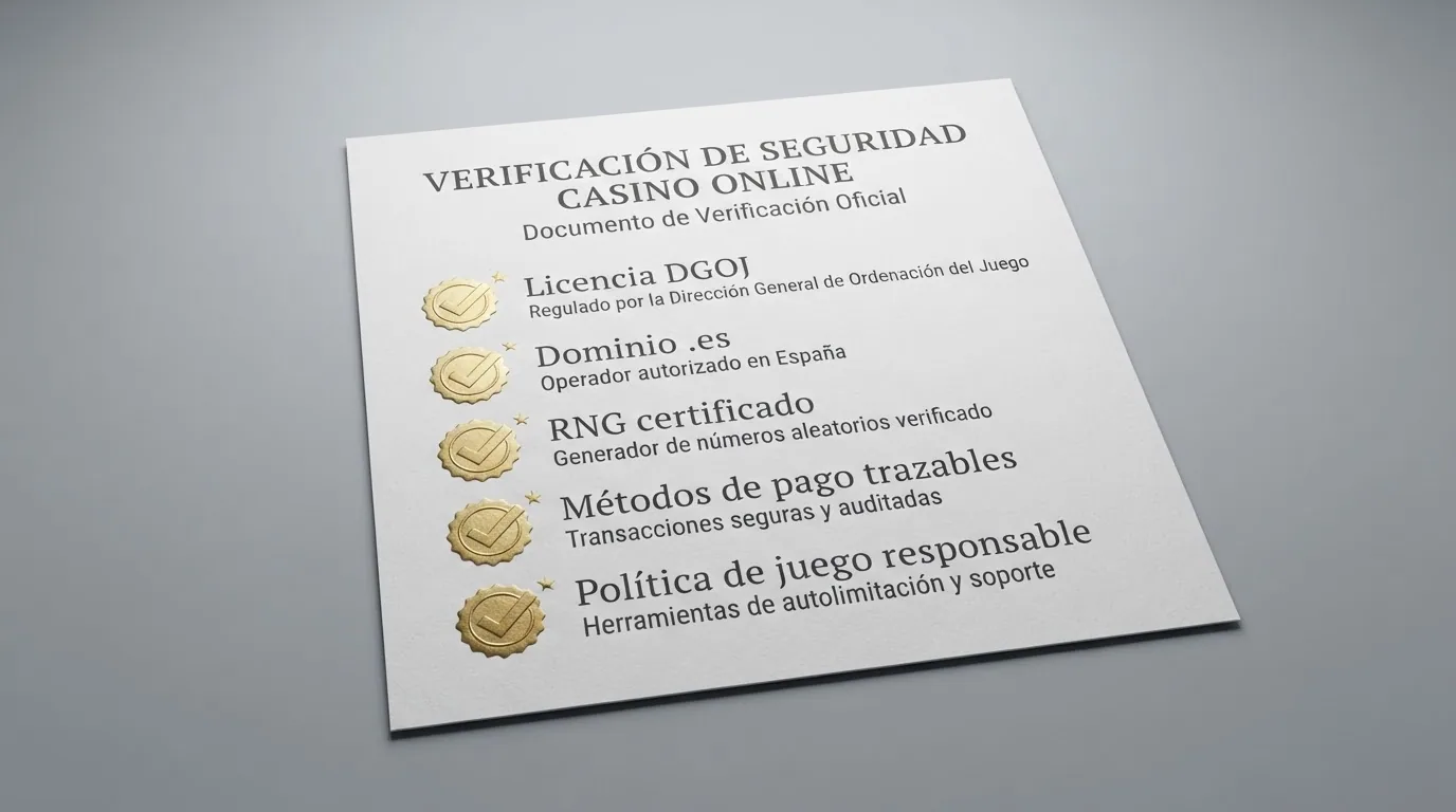 Lista de verificación visual con los elementos de seguridad de un casino online: candado SSL, sello DGOJ, dominio .es y política de juego responsable