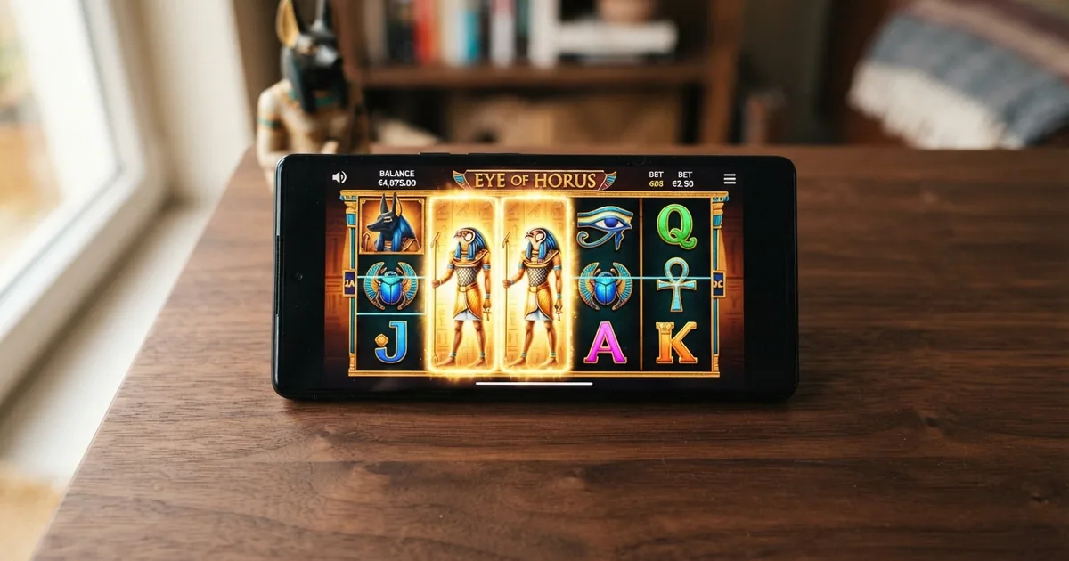 Pantalla del juego Eye of Horus con sus cinco rodillos y símbolos del antiguo Egipto