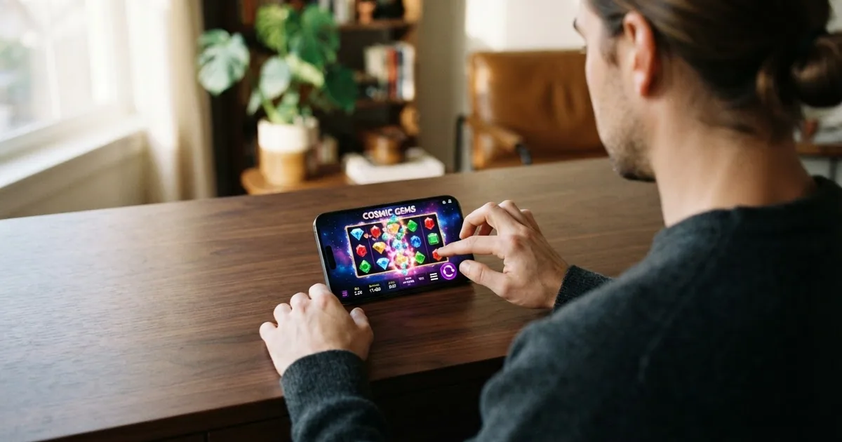 Pantalla del juego Starburst con sus gemas de colores sobre fondo espacial y los cinco carretes visibles