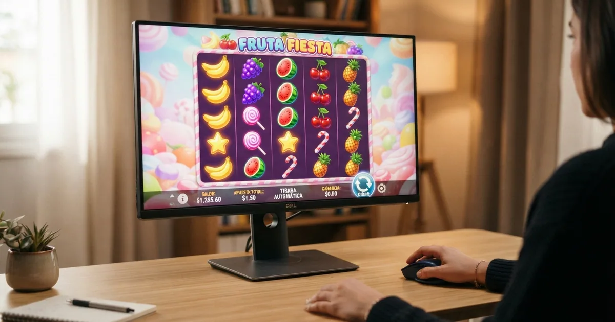 Interfaz del juego Sweet Bonanza de Pragmatic Play en un navegador de escritorio, con la cuadrícula 6×5, frutas y golosinas de colores, y los botones de apuesta visibles