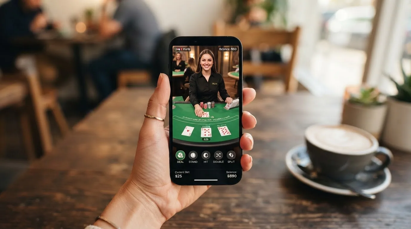 Mano sujetando un teléfono móvil en vertical con una mesa de blackjack en vivo en pantalla