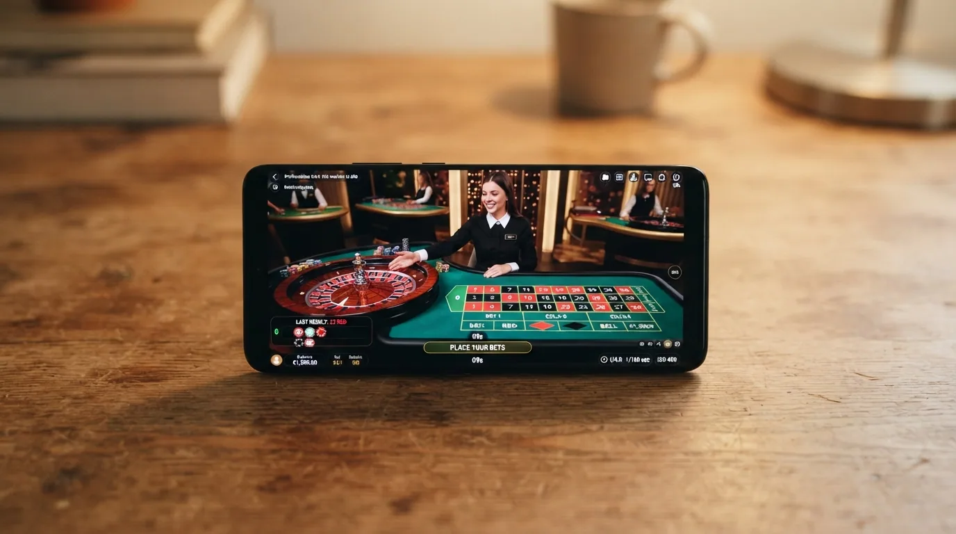 Teléfono móvil mostrando una mesa de ruleta en vivo con crupier durante una partida