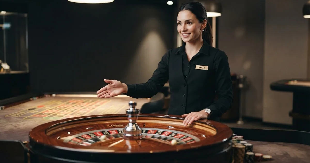 Crupier profesional en una mesa de ruleta en vivo con streaming en alta definición