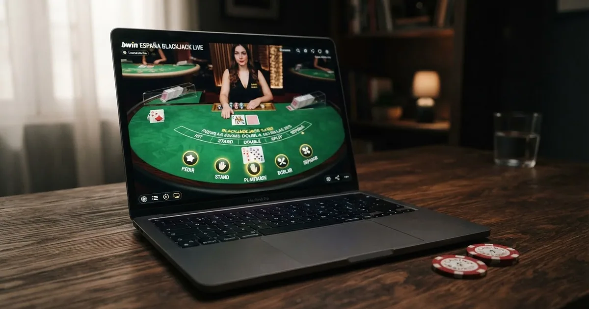 Mesa de blackjack virtual con cartas, fichas y un tapete verde sobre la pantalla de un ordenador portátil
