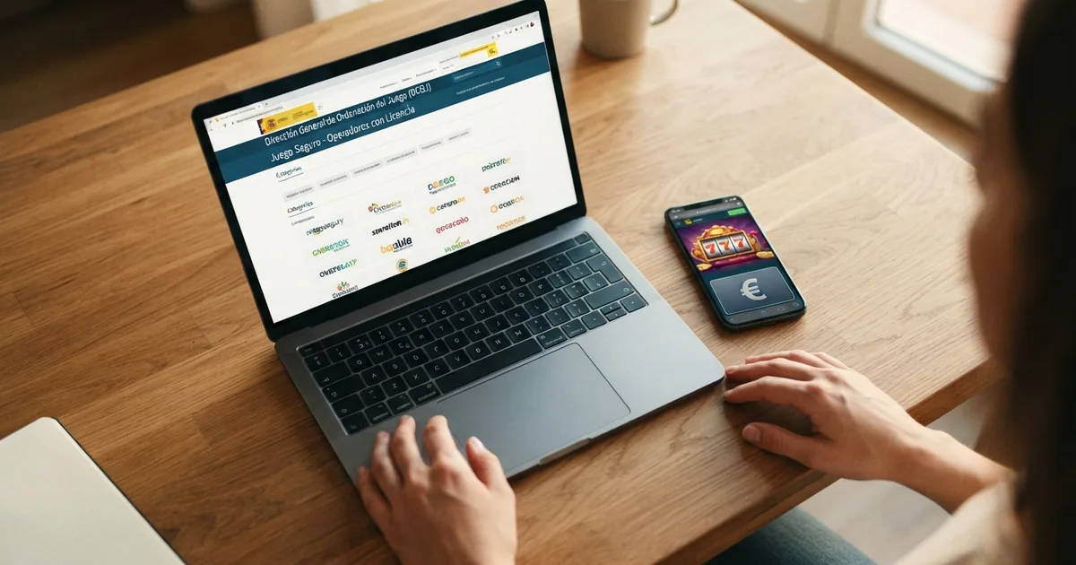 Pantalla de un ordenador mostrando la web de ordenacionjuego.es con el listado de operadores con licencia DGOJ junto a una ventana con un casino online en español