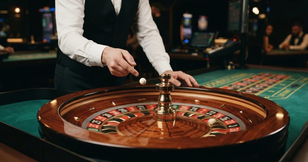 Crupier real girando la rueda de ruleta en una mesa de casino en vivo con iluminación de estudio y primeros planos de la bola