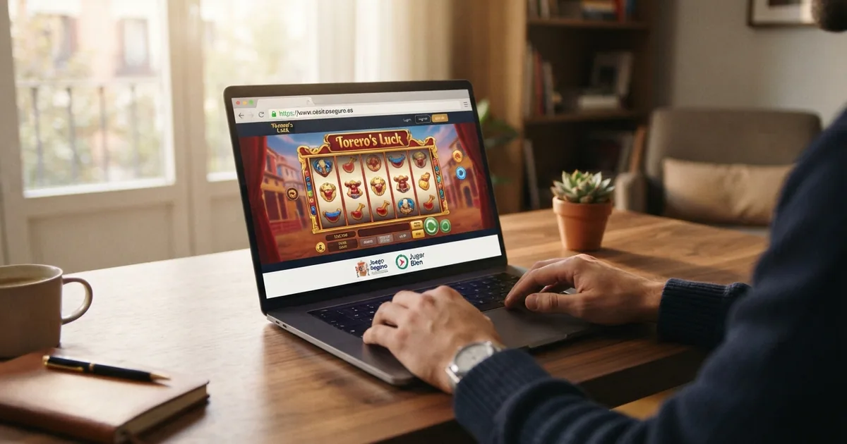 Interfaz de un casino online con indicadores visibles de seguridad: candado HTTPS, sello de Juego Seguro de la DGOJ y logotipo de laboratorio de certificación en el pie de página