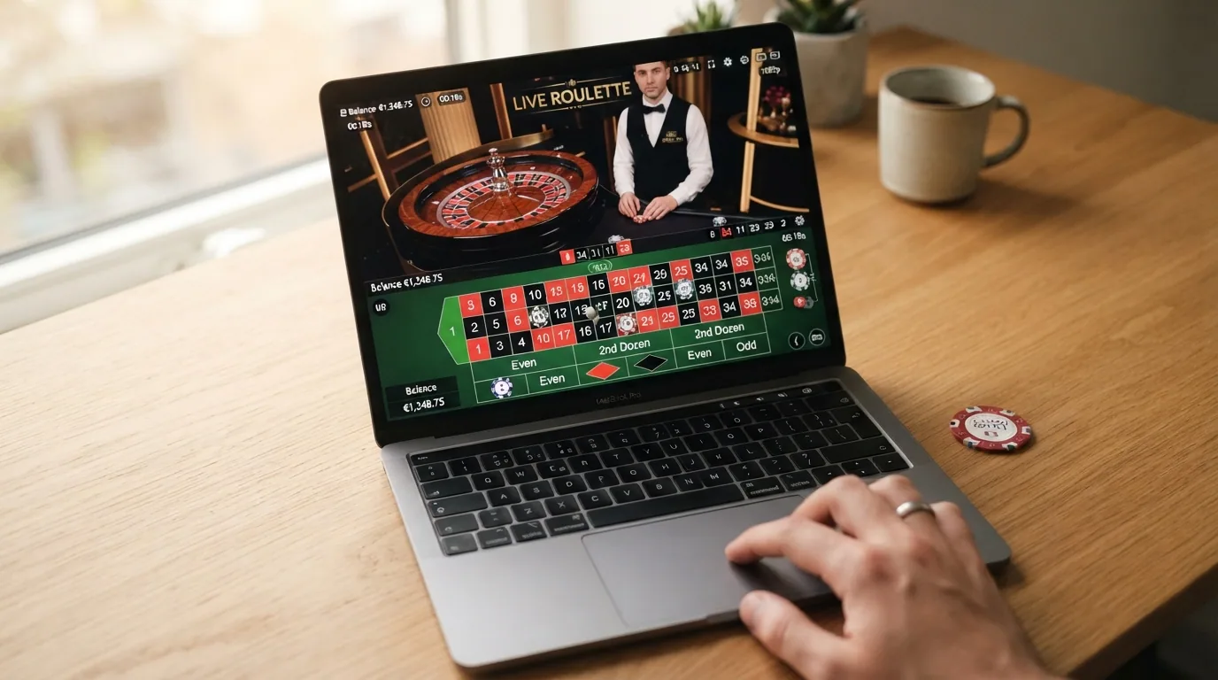 Interfaz de una mesa de ruleta en vivo de Evolution o Playtech con el tapete de apuestas en primer plano y el streaming del crupier al fondo