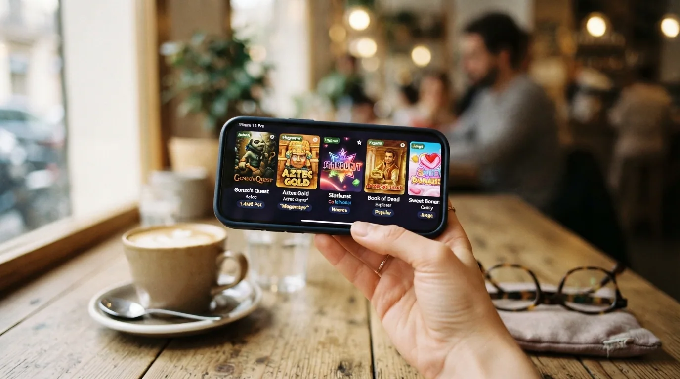Primer plano de un iPhone con una tragaperras abierta en orientación horizontal y varios iconos de juegos en la barra inferior
